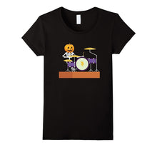 Drummer Skeleton T-Shirt Funny Halloween Pumpkin Head Tee